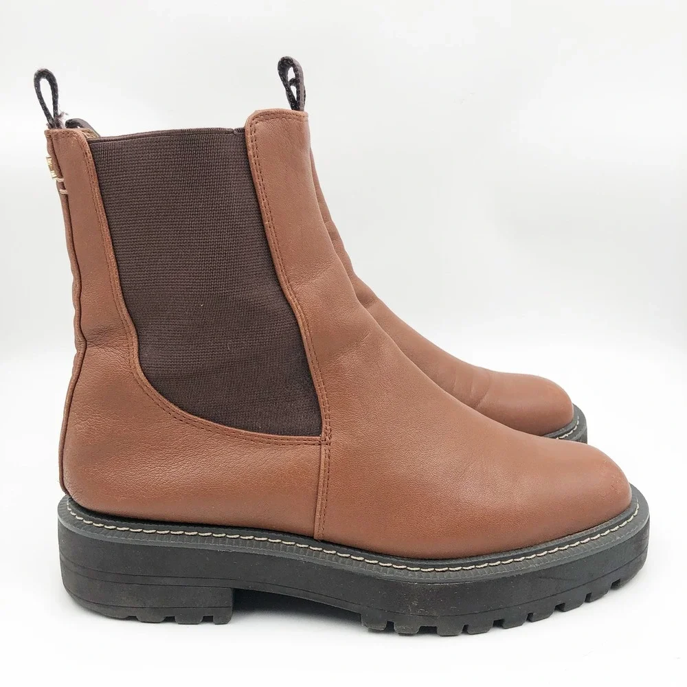 Sam Edelman Boots Womens 7.5 Laguna Brown Leather Waterproof Chelsea Lug Sole